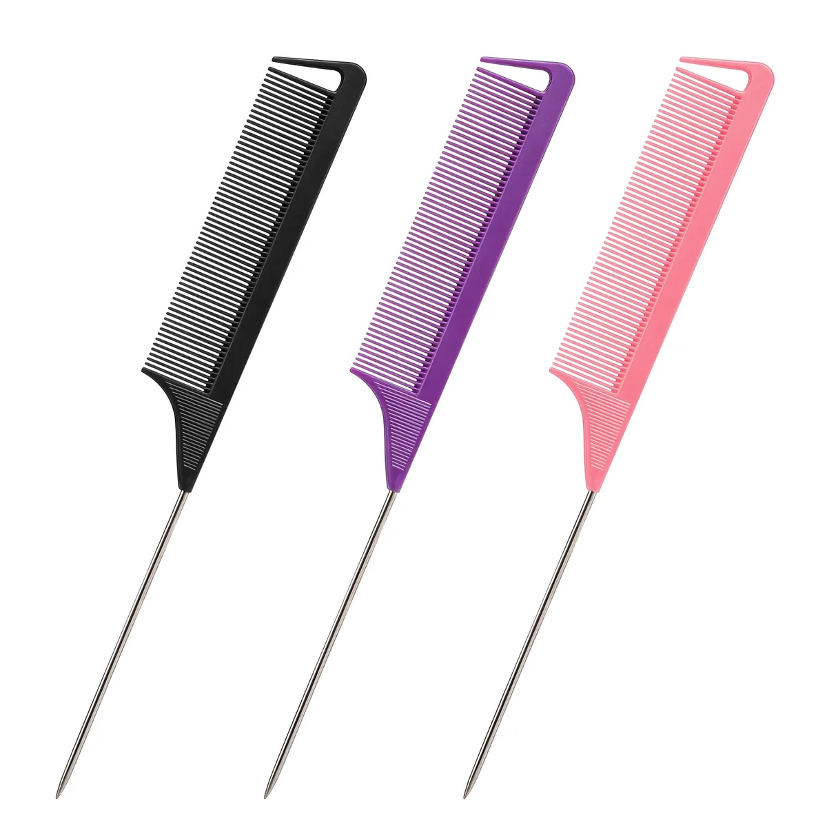 Three slender combs in purple black pink with long metal tail handles