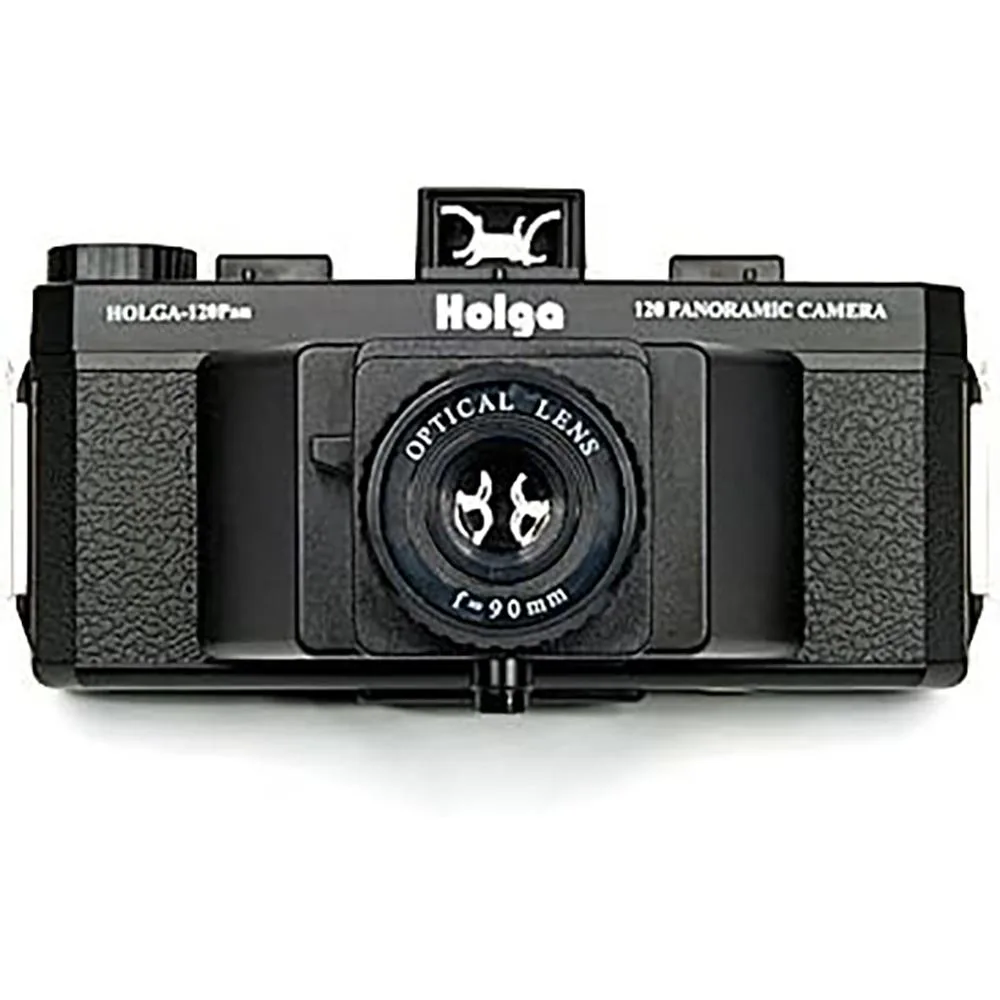 Light plastic medium-format panoramic camera with 90mm lens, dual hot shoes, bubble level