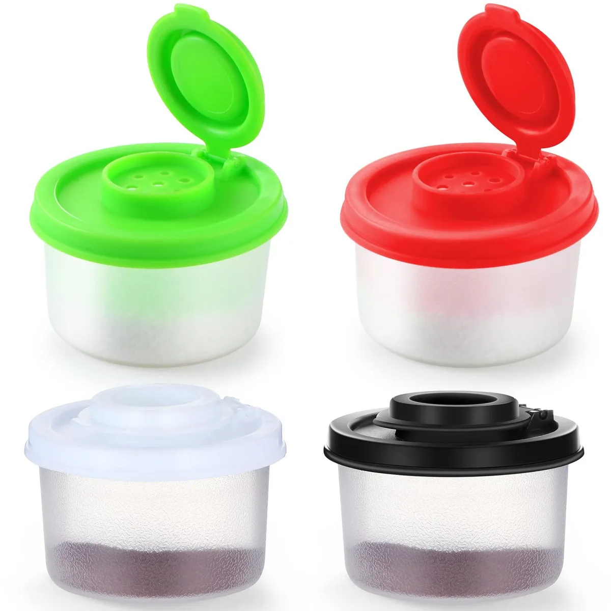 Four clear plastic shakers with white green red black lids 2.2 x 1.8 x 1.6 inches
