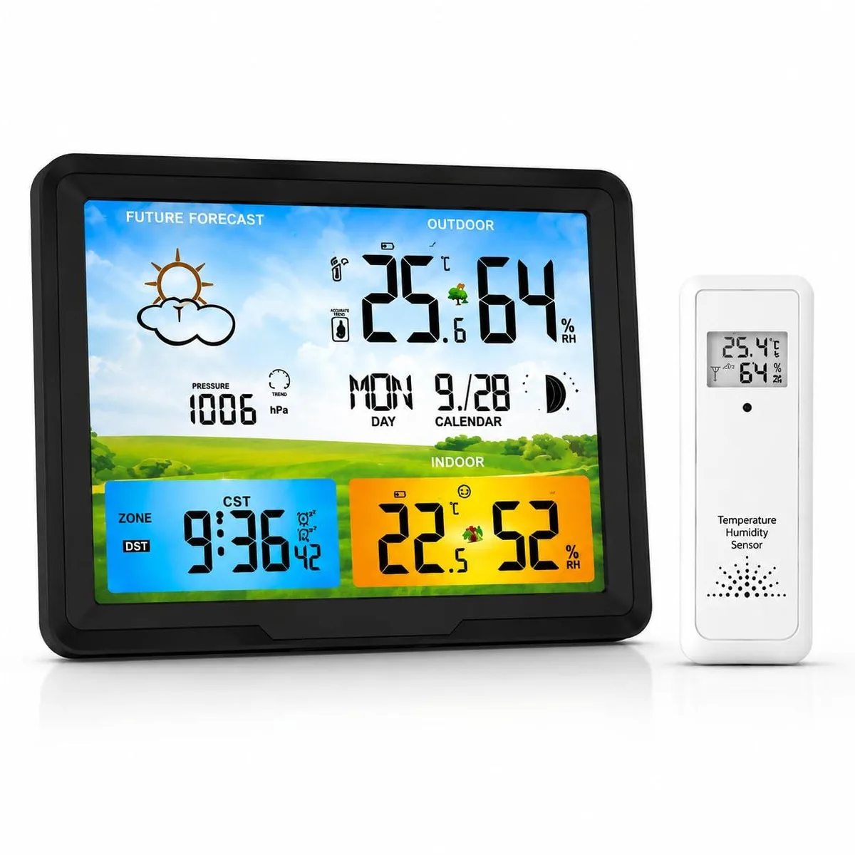 Black rectangular weather station with large color display and wireless outdoor sensor