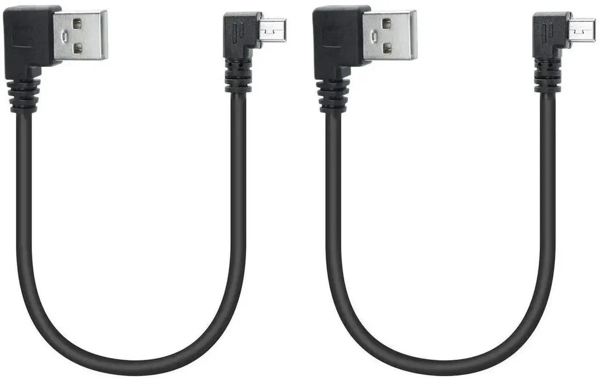 Two short black USB cables with left-angled Mini USB connectors