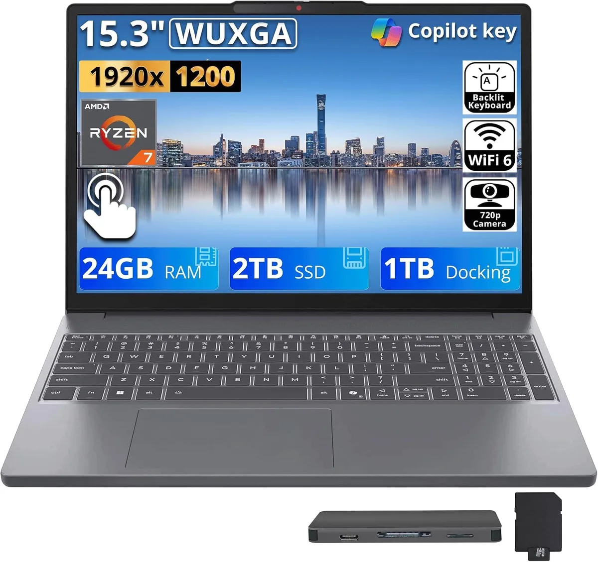 Lenovo Lenovo IdeaPad Slim 3 15.3" WUXGA Touch AMD Ryzen 7 8840HS 24GB DDR5 3TB Storage Luna Gray — product photo