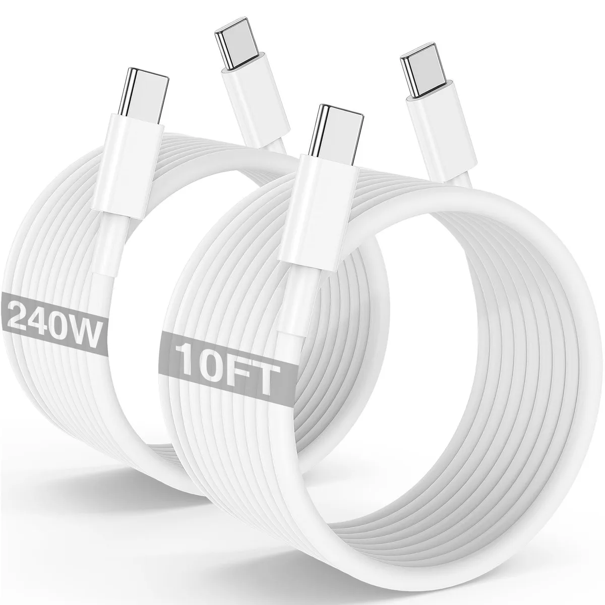 White USB-C to USB-C cable, 10 ft long, male-to-male connectors