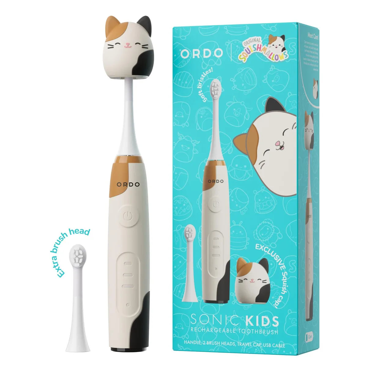 White oval-handled kids sonic toothbrush with Squishmallows Cam character, two brush heads and travel cap