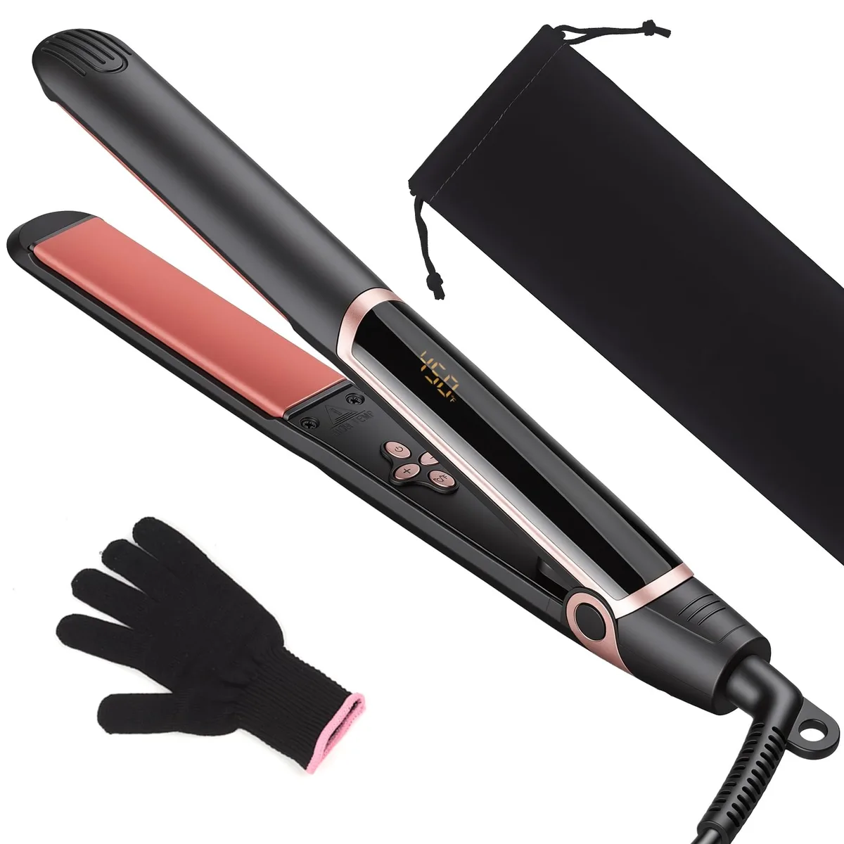 White ceramic flat iron with rounded plates and digital display