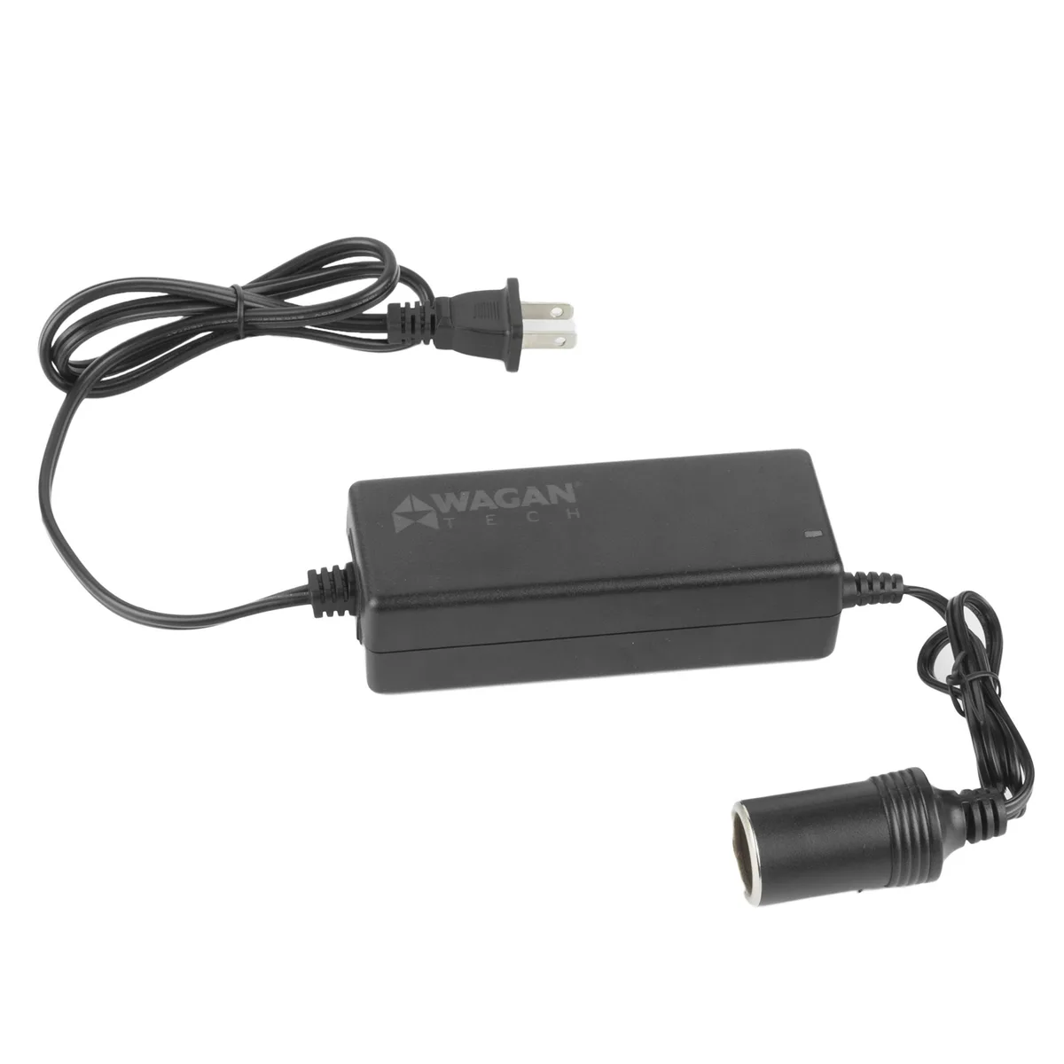 Black rectangular AC to DC adapter with 4.5 foot cable and cigarette lighter socket
