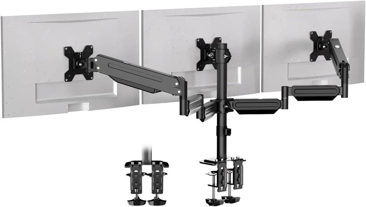 BFKK BFKK Triple Monitor Mount 2 Gas Spring Arms 17-32in 22lbs Clamp Grommet — product photo