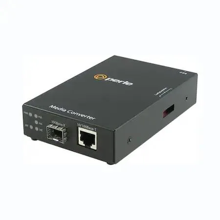 Perle S-110Pp-Sfp media converter mount, compact black metal bracket with slots and screw holes