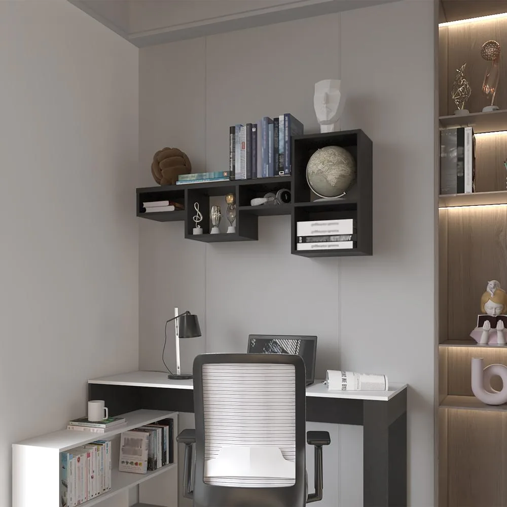 Rectangular black wall shelf with clean lines, manufactured wood finish, wall-mounted design