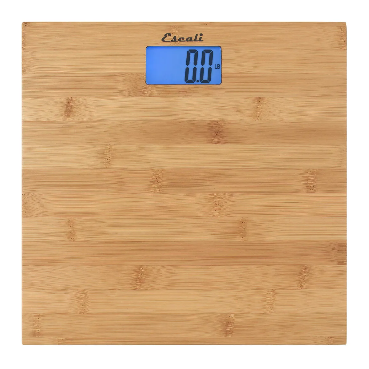 Rectangular bamboo bathroom scale with blue backlit display, 25 in platform, 440 lb capacity