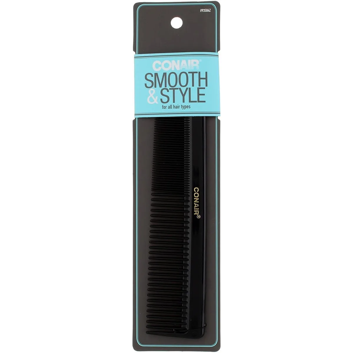 Black plastic dressing comb, rectangular with fine and wide teeth, lightweight manual styling tool