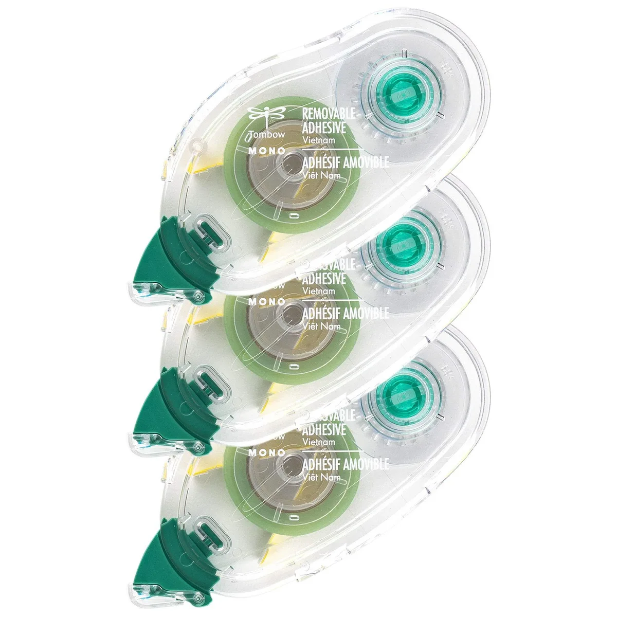 Three clear adhesive refill cartridges in rectangular packaging