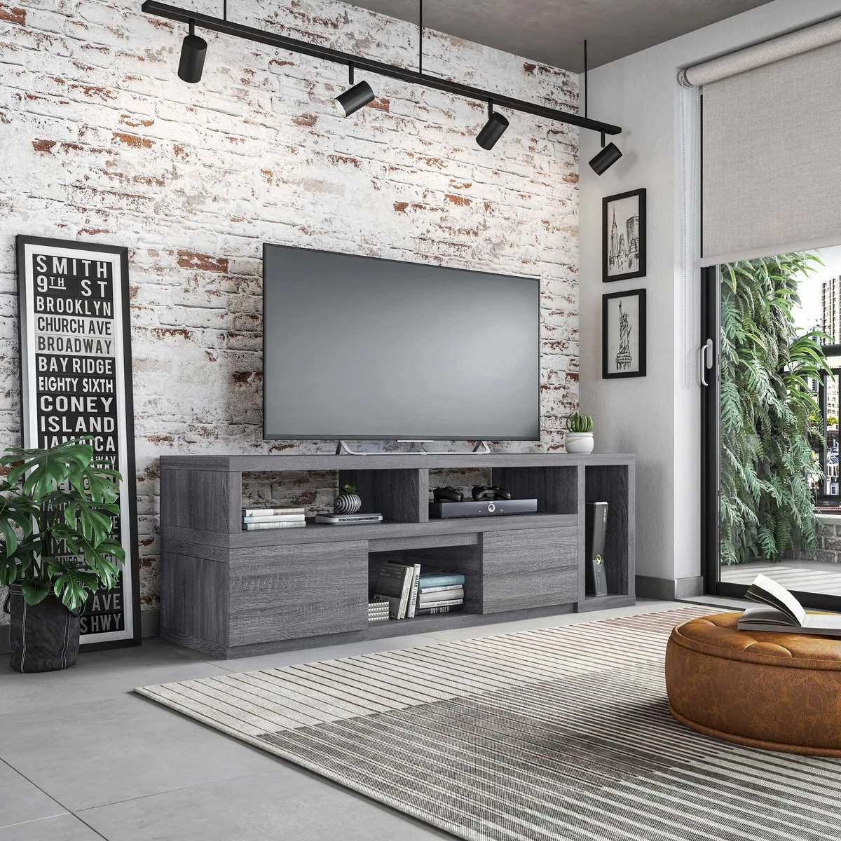 Gray solid wood TV console 53.5 inches wide with two drawers and shelves