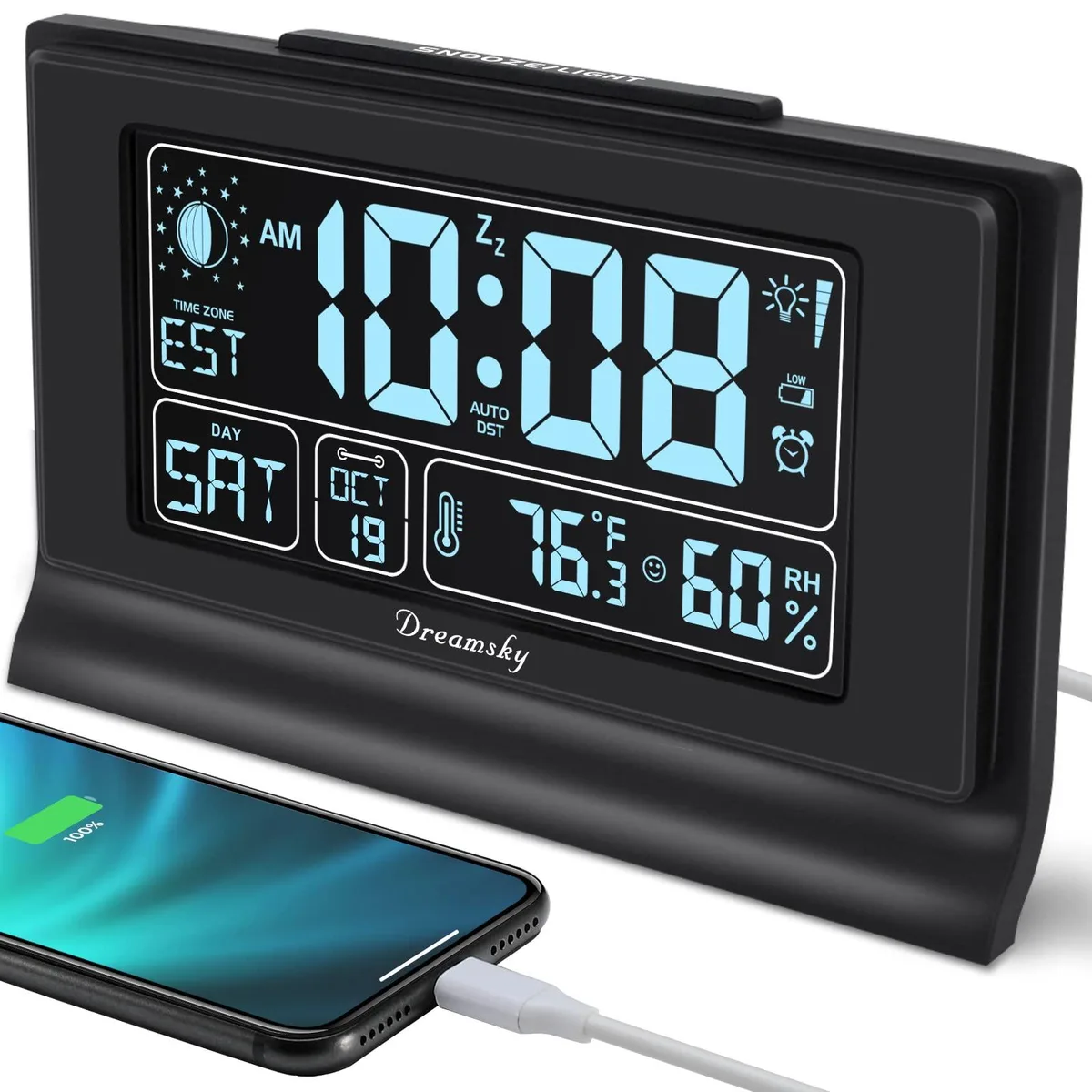 Black rectangular digital clock 6.1 inches wide with humidity temperature display and USB port