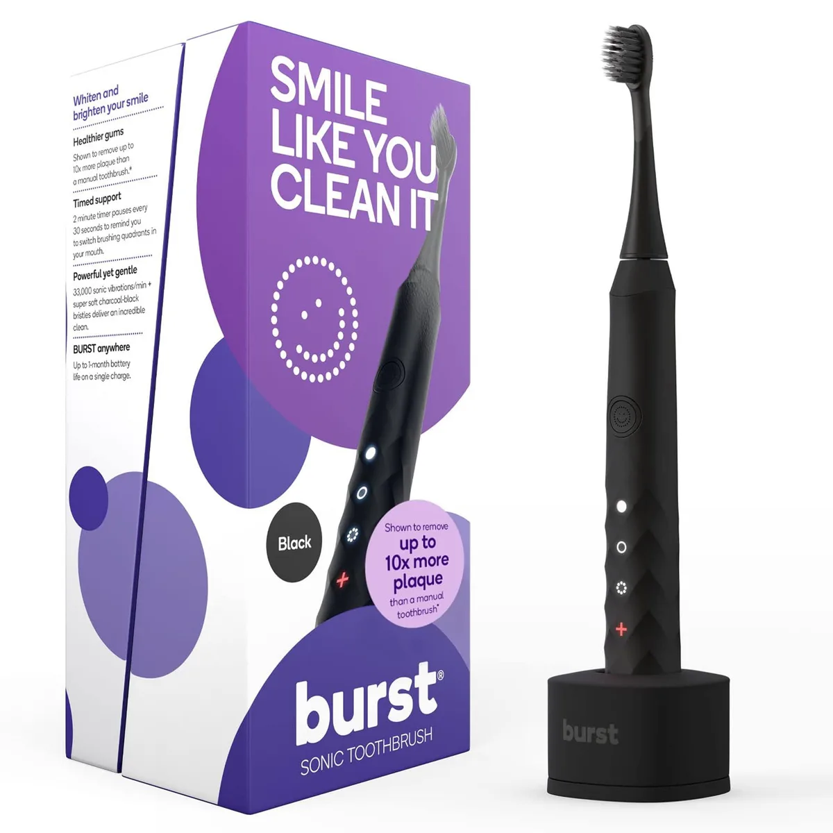 Black sonic electric toothbrush with soft bristles and rechargeable base