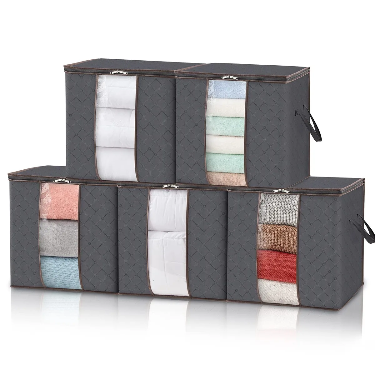Five folded rectangular fabric storage bags with clear windows and reinforced handles
