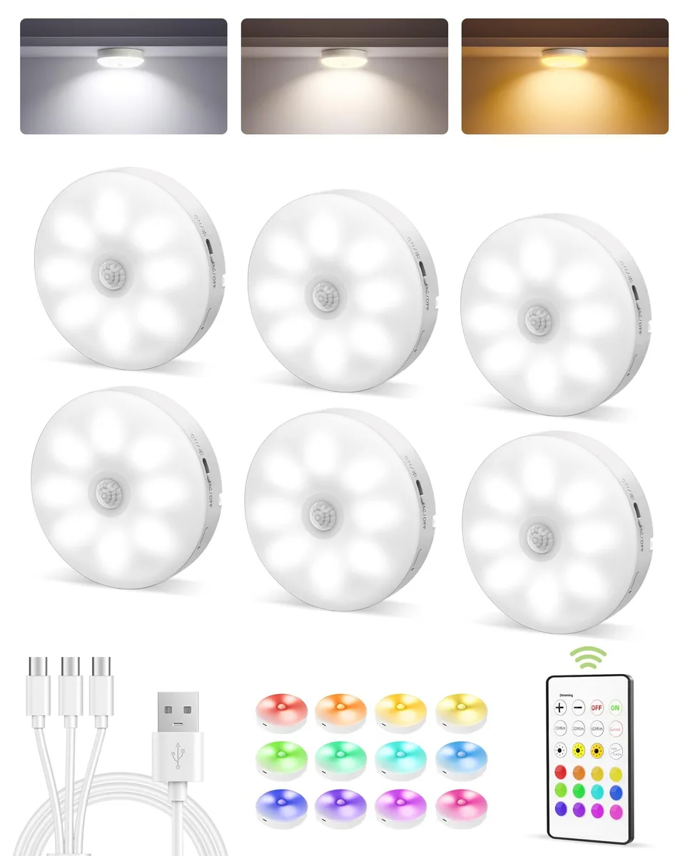 Six rectangular white plastic puck lights with copper finish and magnetic backing
