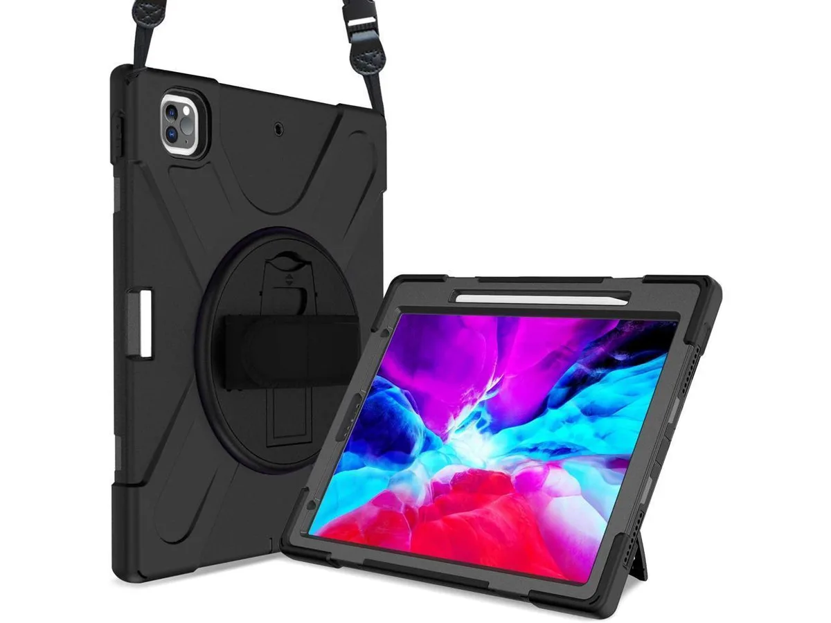 Black shockproof iPad Pro 12.9 case with rotating kickstand hand strap shoulder strap and pencil holder