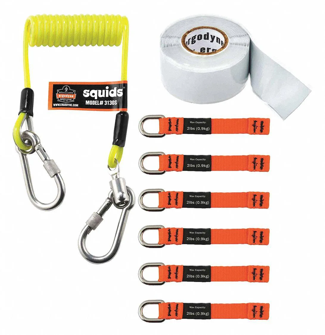 Ergodyne Squids 3180 kit with coiled lanyard tape and six tool tails