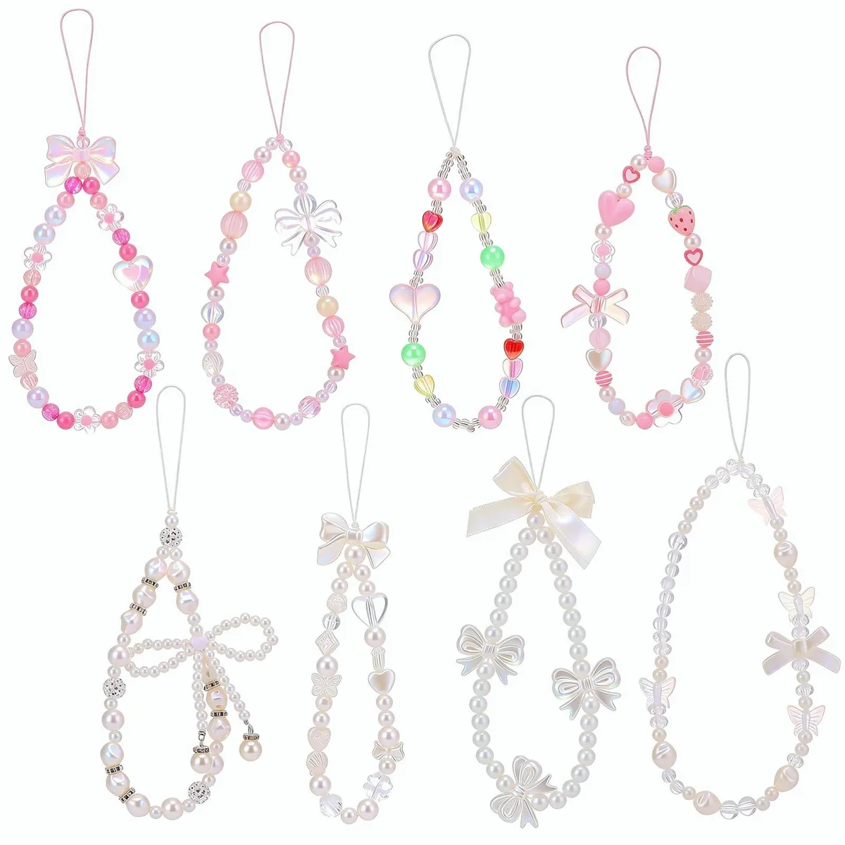 Eight pink beaded camera charms with bow and pearl details on nylon straps