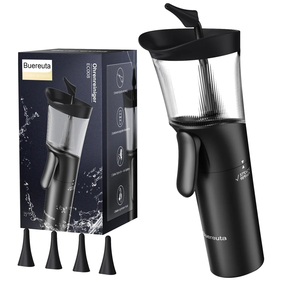 Black five-piece ear irrigation kit with soft silicone nozzle and manual pump bottle