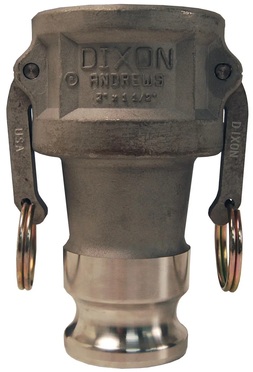 Aluminium cam-and-groove reducing coupler adapter, 4-inch socket to 3-inch plug, nitrile gasket, locking arms