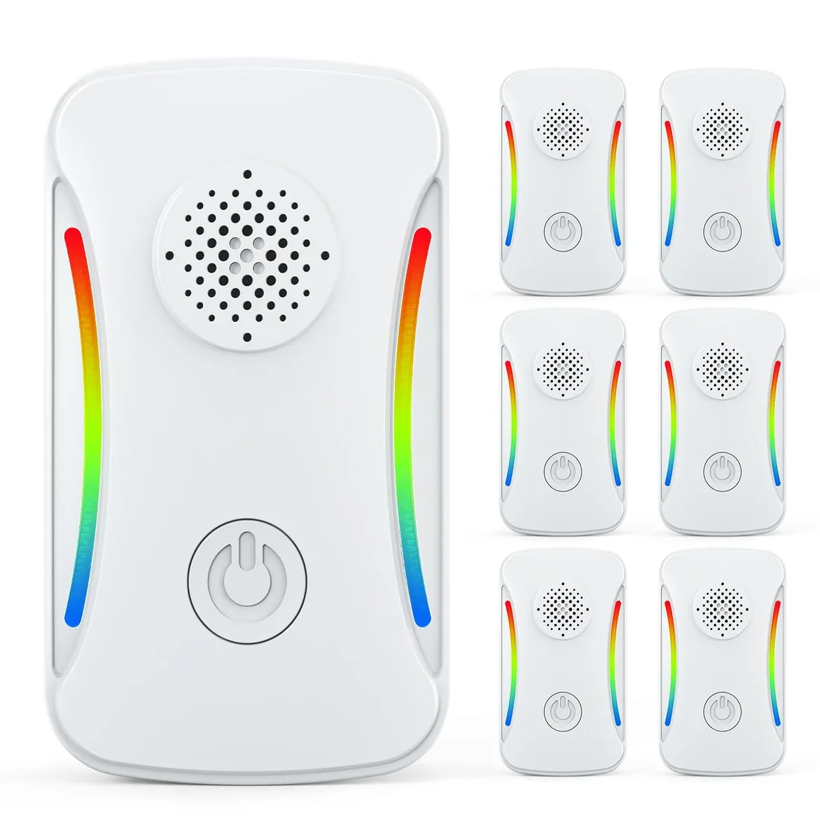 Six white plug-in pest repellers with front grilles