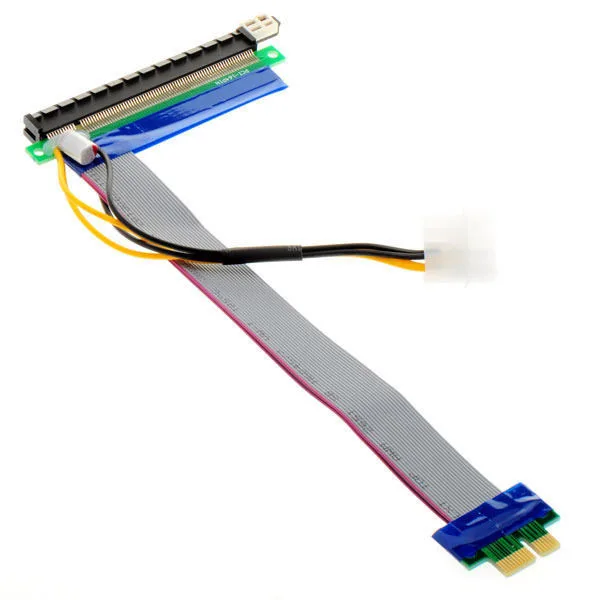 Gray PCIe riser cable with 16x female and 1x male connectors plus Molex power plug