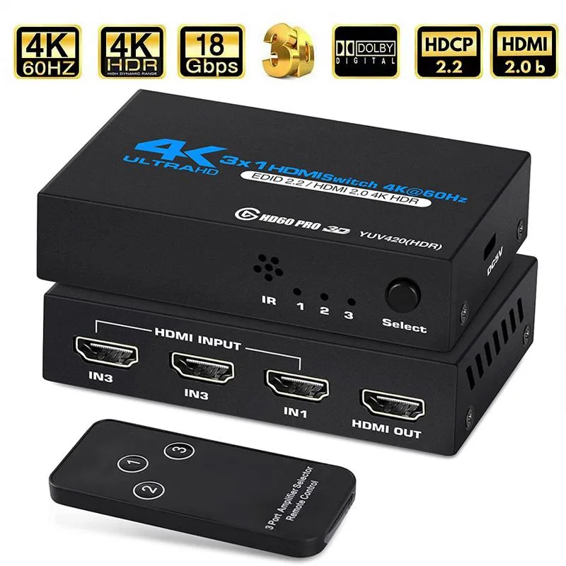 ESTONE ESTONE OZQ2-1 3x1 HDMI Switch 4K@60Hz 18.5Gbps Black Port Selector Switcher Out with IR Remote Control — product photo