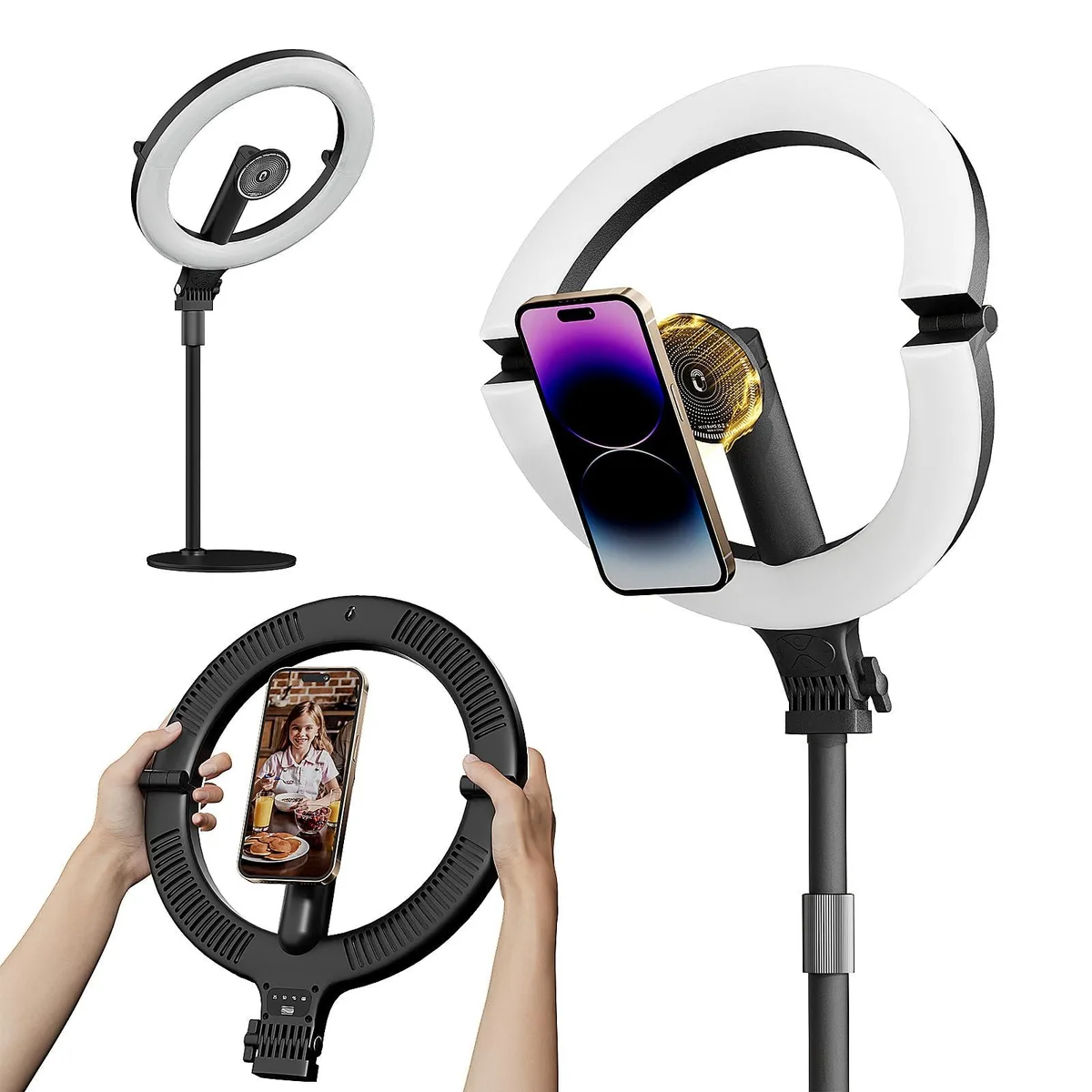 A ten inch magnetic ring light on a desktop stand with phone holder