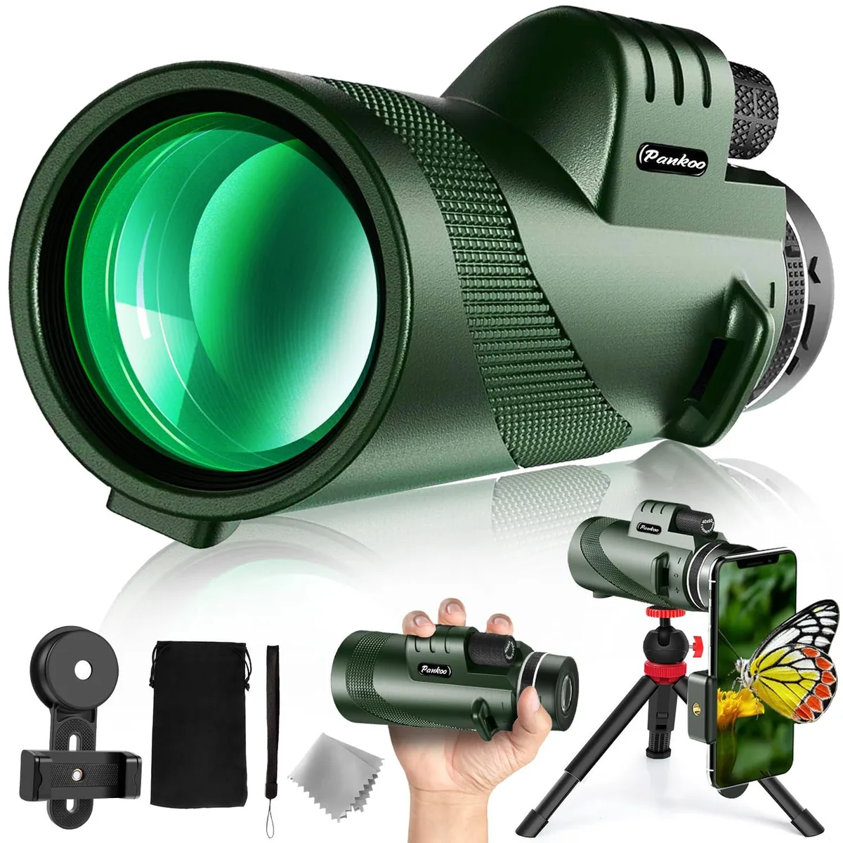Pankoo 12x60 Monocular Telescope with Phone Adapter Tripod Hand Strap BAK4 Prism Waterproof Black 10010 — product photo
