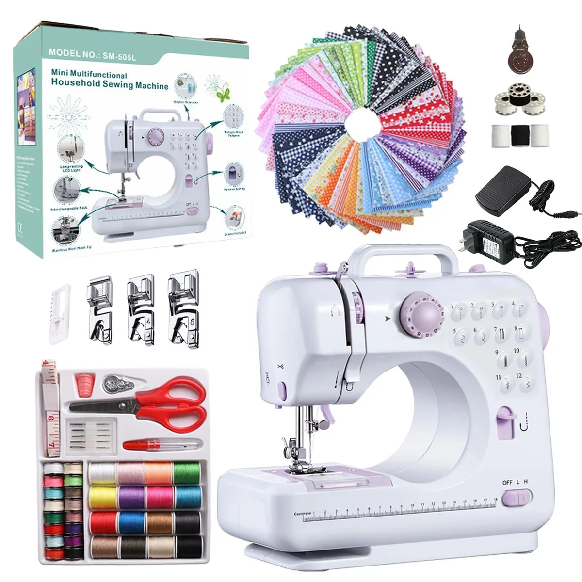  Marirao Sewing Machine Purple 12 Stitches 2 Speed 50 Fabric 32 Threads — product photo