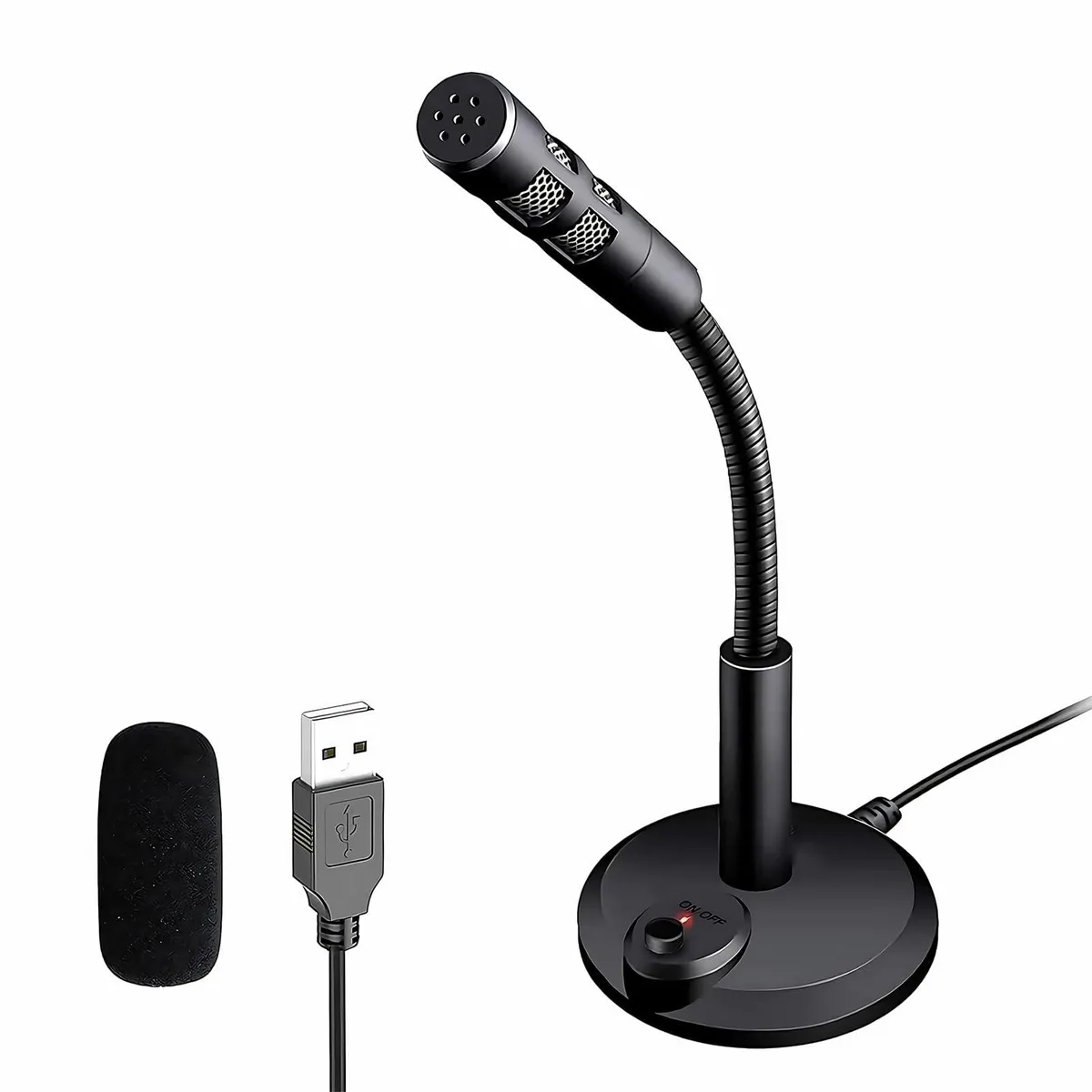 Black USB desktop microphone with flexible metal gooseneck, mute button, LED indicator, weighted stand, and foam windscreen