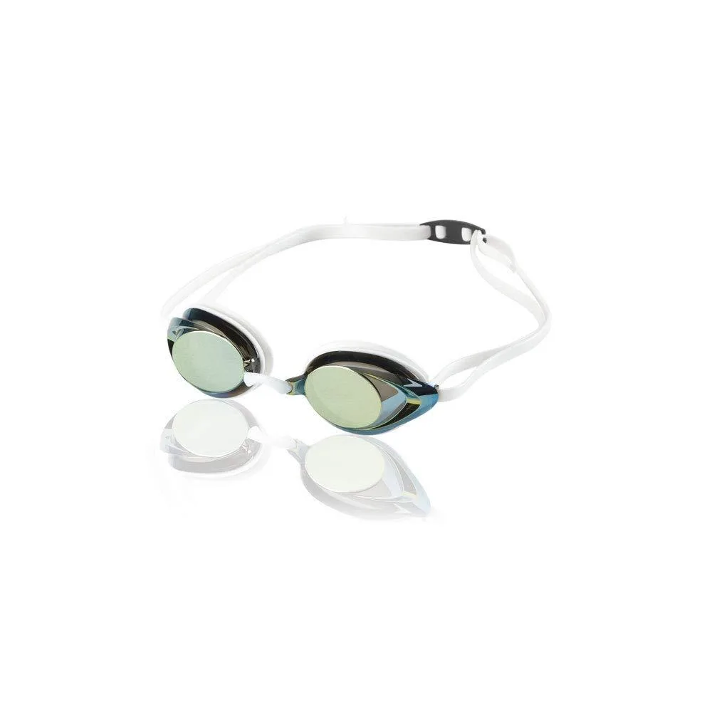 Blue mirrored swim goggles with low-profile lenses and cushioned silicone seals