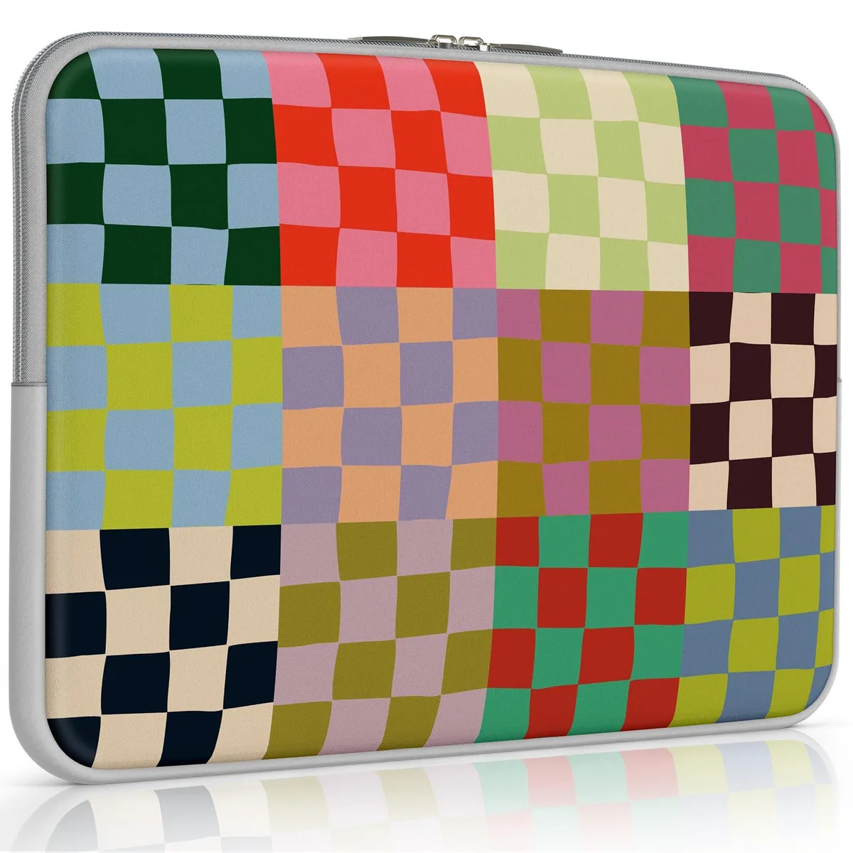 Colorful checkerboard neoprene laptop sleeve, slim soft case with padded layers and top zipper