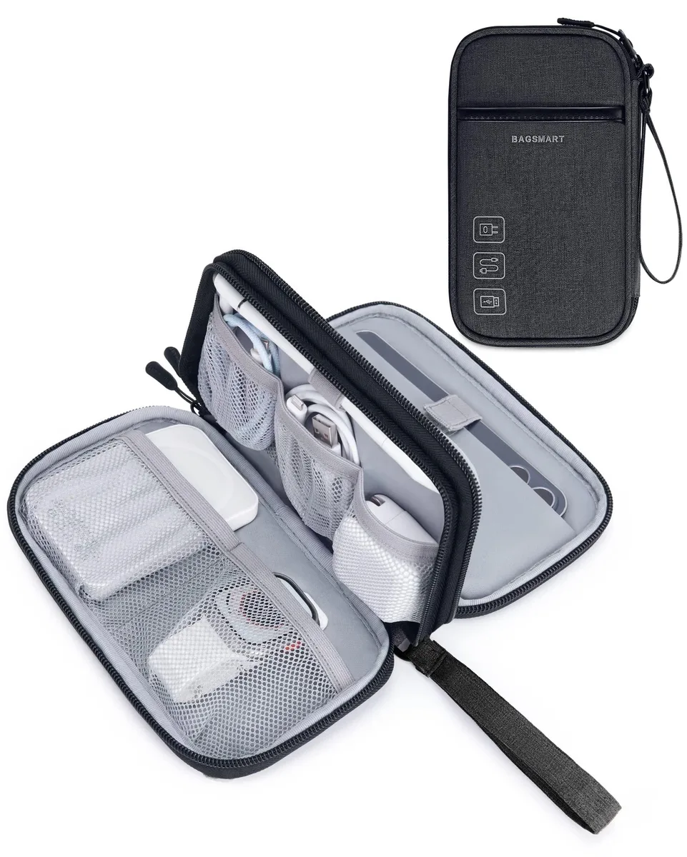 Grey rectangular travel organiser with zip closure and hand strap, compact double-layer nylon case