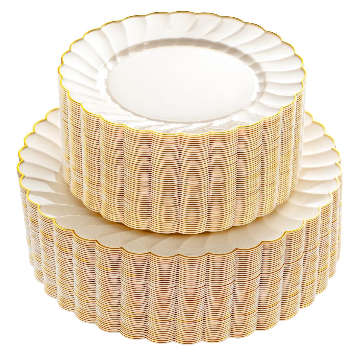 Rectangular ivory plastic plates with gold rim, scalloped edges, 100-piece set