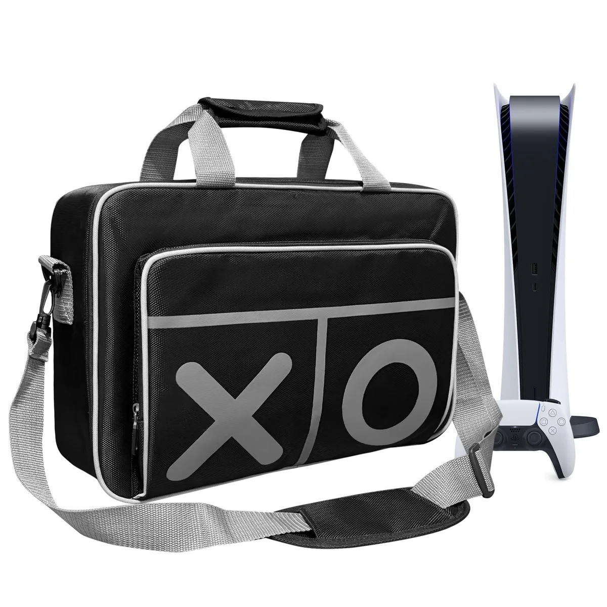 Grey rectangular travel case with adjustable shoulder strap and leather-wrapped carry handle
