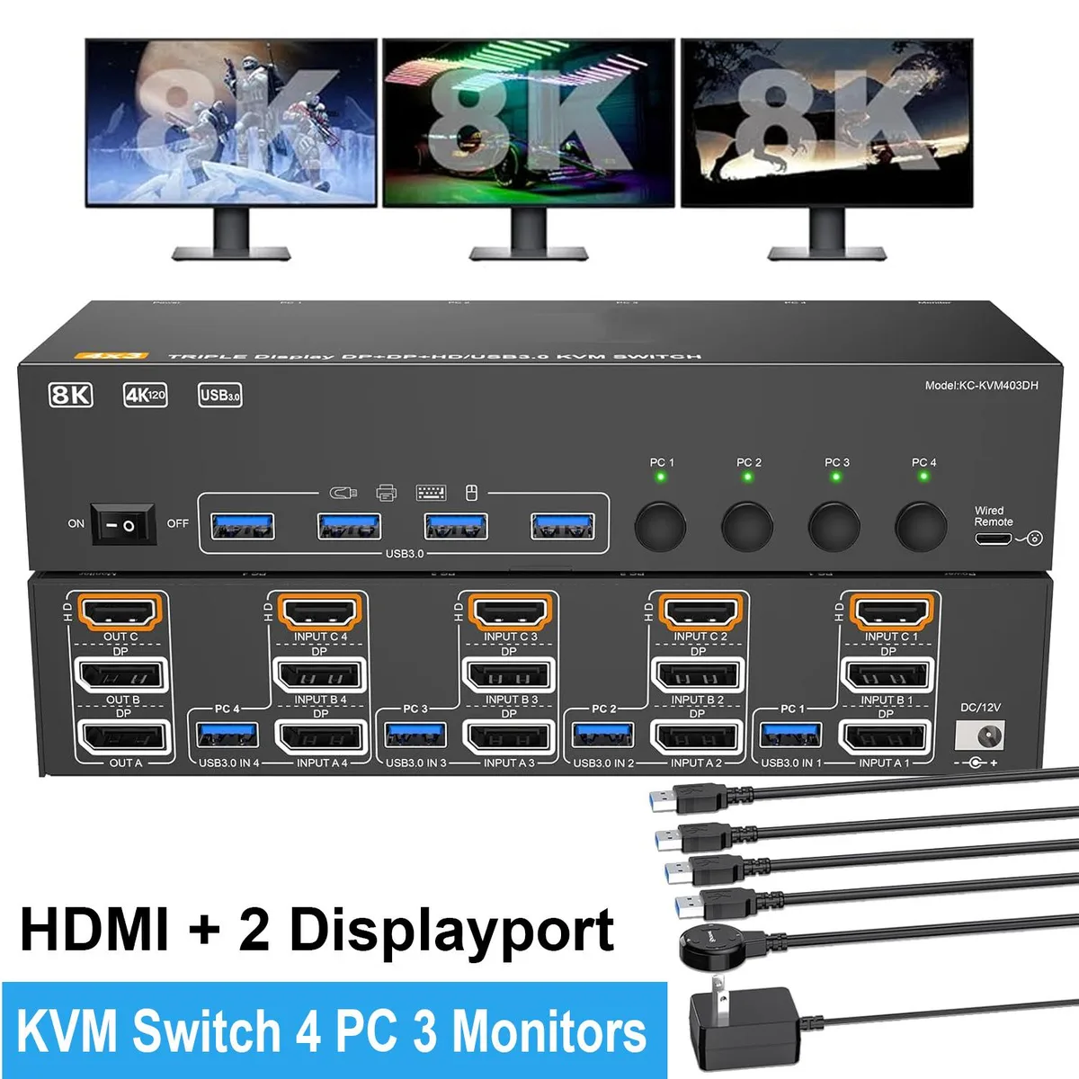 IHDAPP IHDAPP HDMI + 2 DisplayPort Triple Monitor KVM Switch 3 Monitors 4 PCs 8K@60Hz/4K@144Hz — product photo