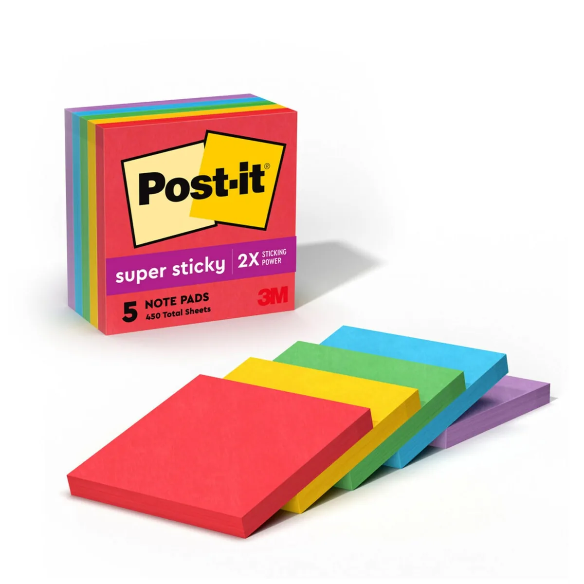 Five square pads of pastel sticky notes in a cardboard box