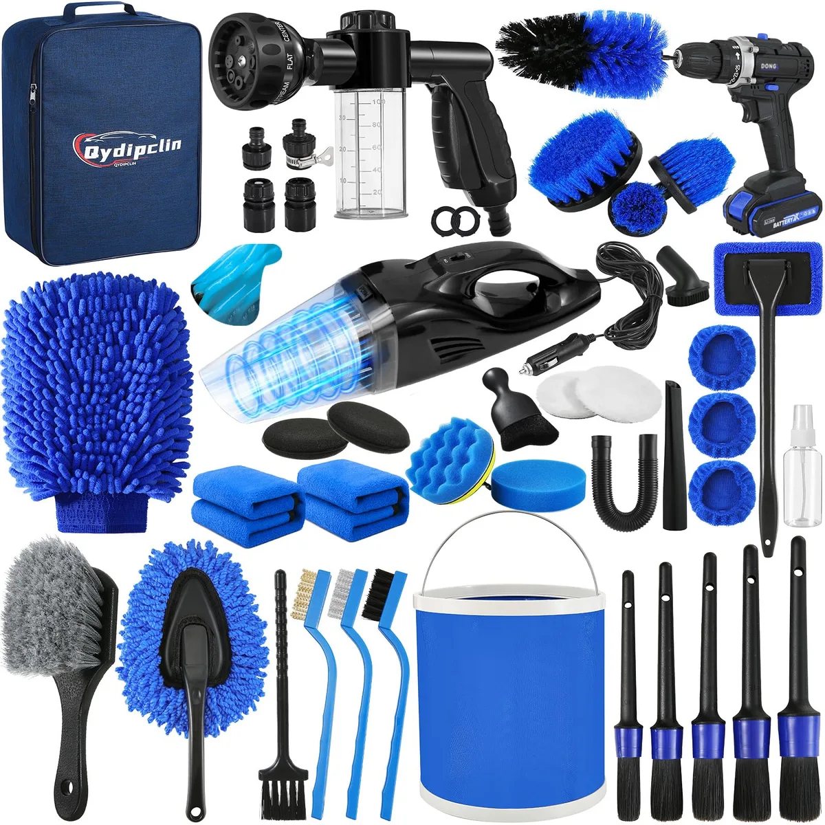 45-piece car detailing kit with collapsible 11L bucket, foam gun, vacuum and brushes