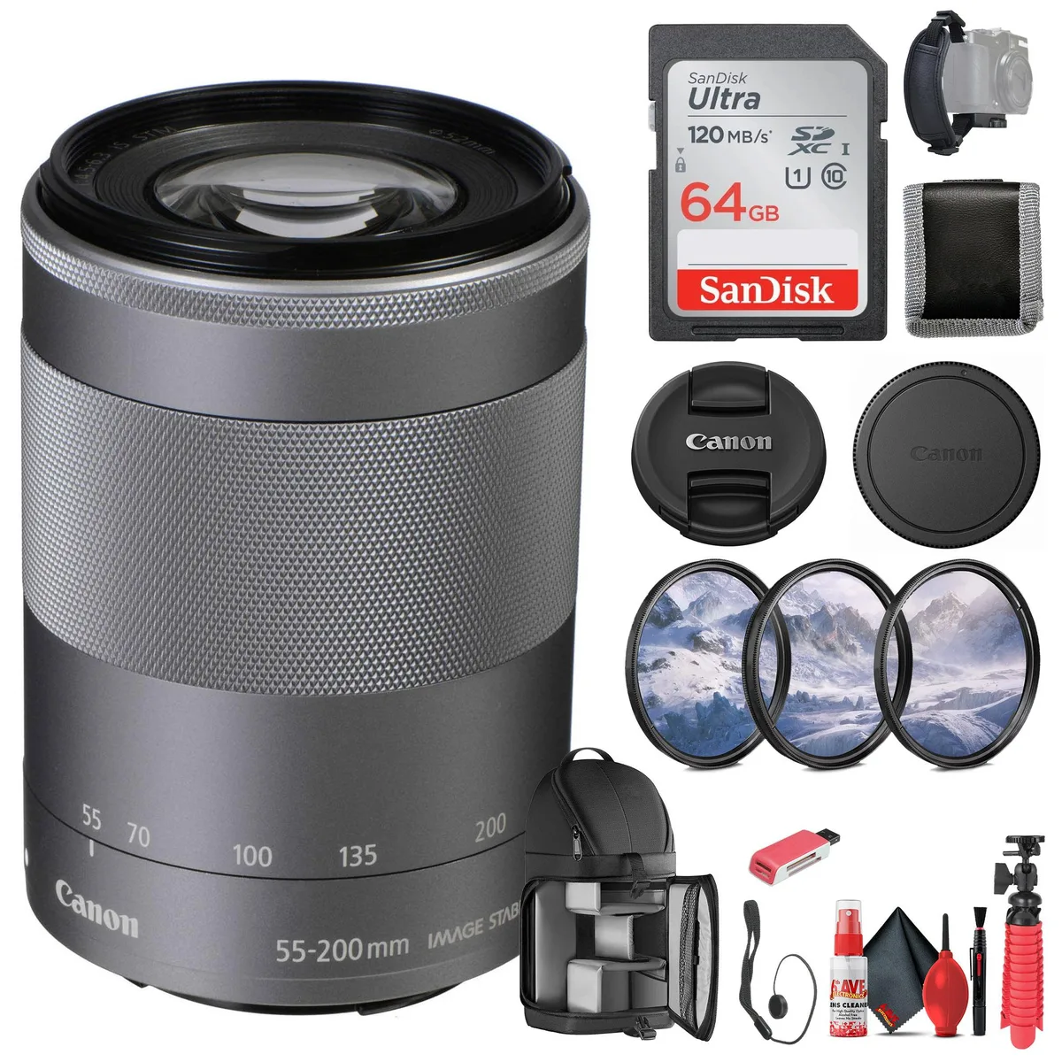 Canon Canon EF-M 55-200mm f/4.5-6.3 IS STM Lens (Silver) Bundle — product photo