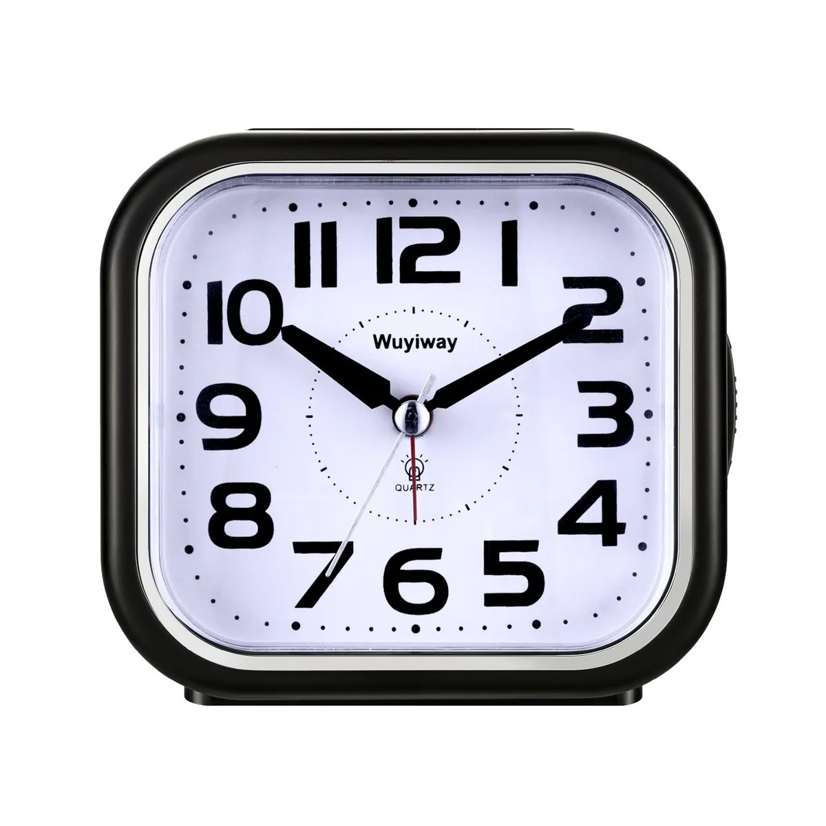 Black analog alarm clock, 4.3 by 1.5 by 4.1 inches, large numbers and top buttons