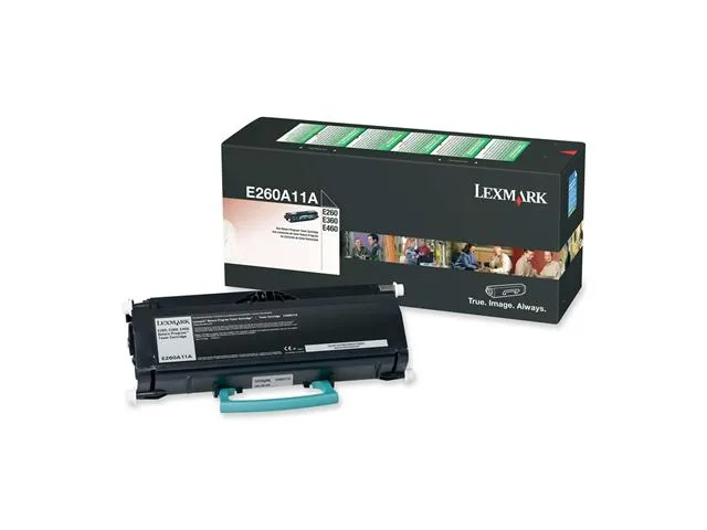 Rectangular black toner cartridge in sealed packaging