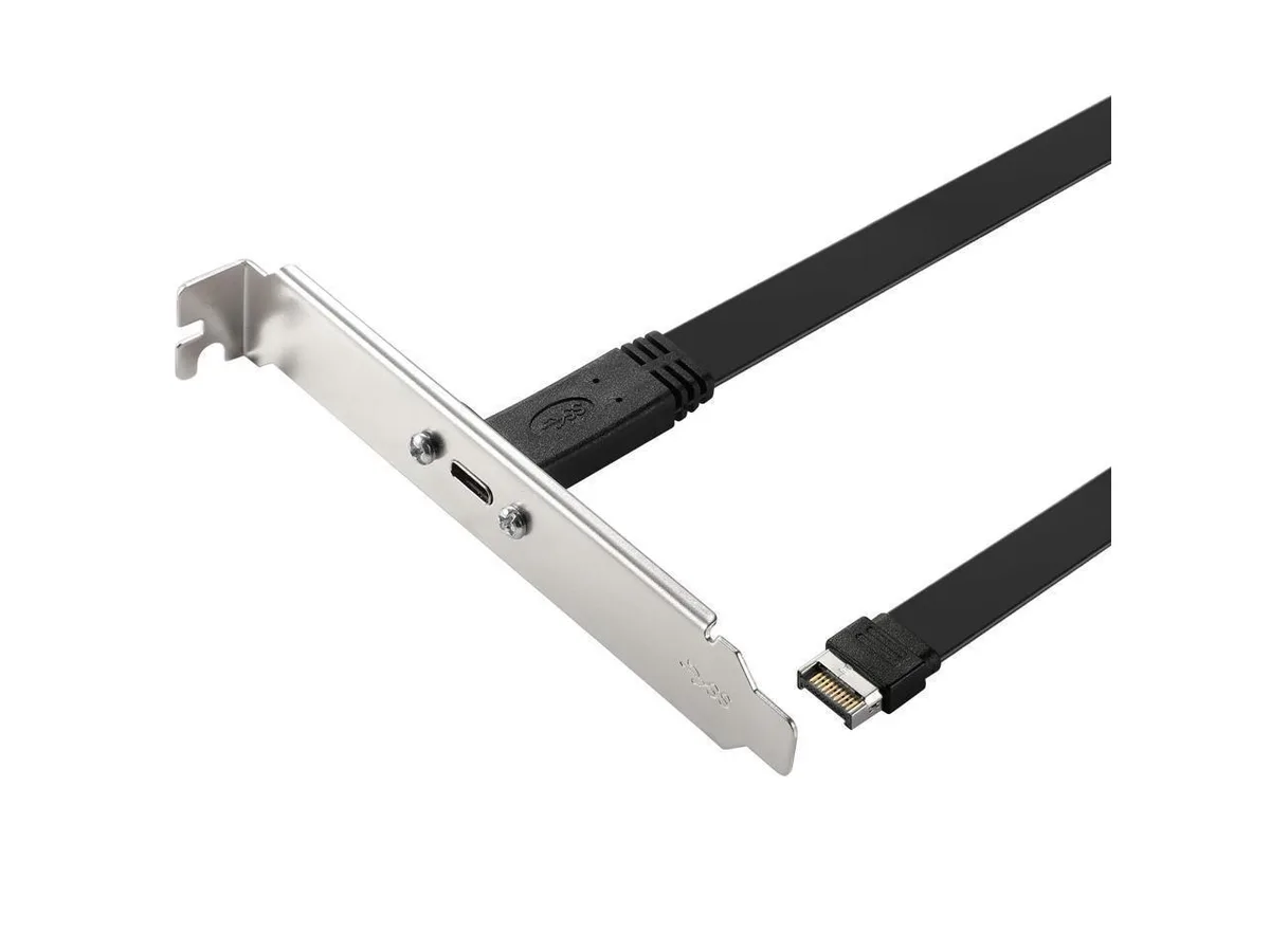 Black flat cable with USB-C panel connector and internal header plug, 50cm