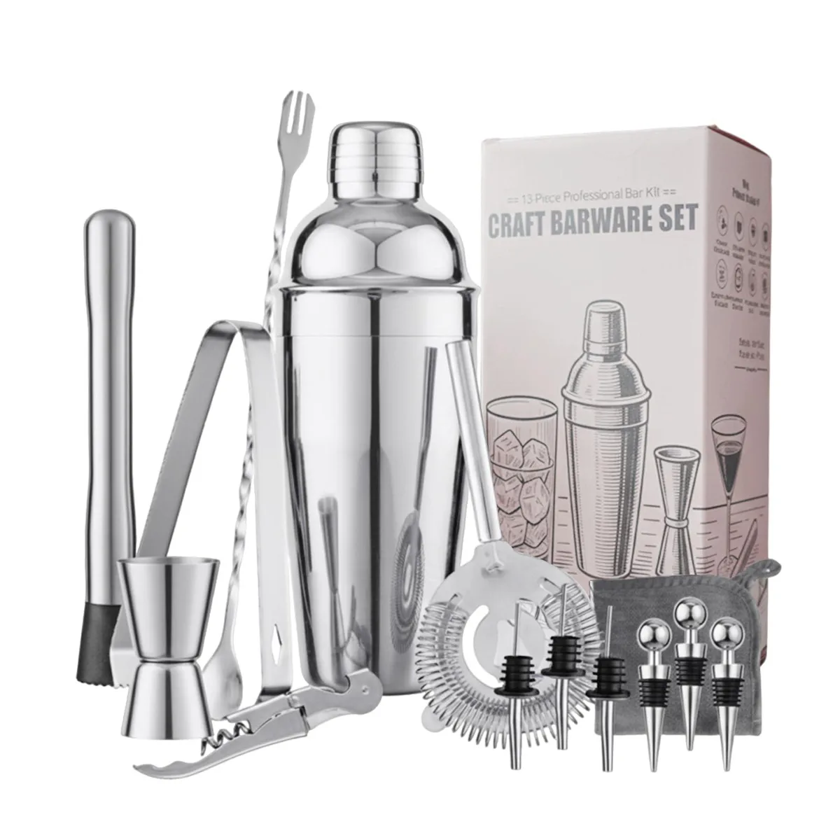 13-piece stainless steel bar tool set with 750ml shaker, jigger, spoon, muddler, strainer, tongs, opener, pourers and stoppers