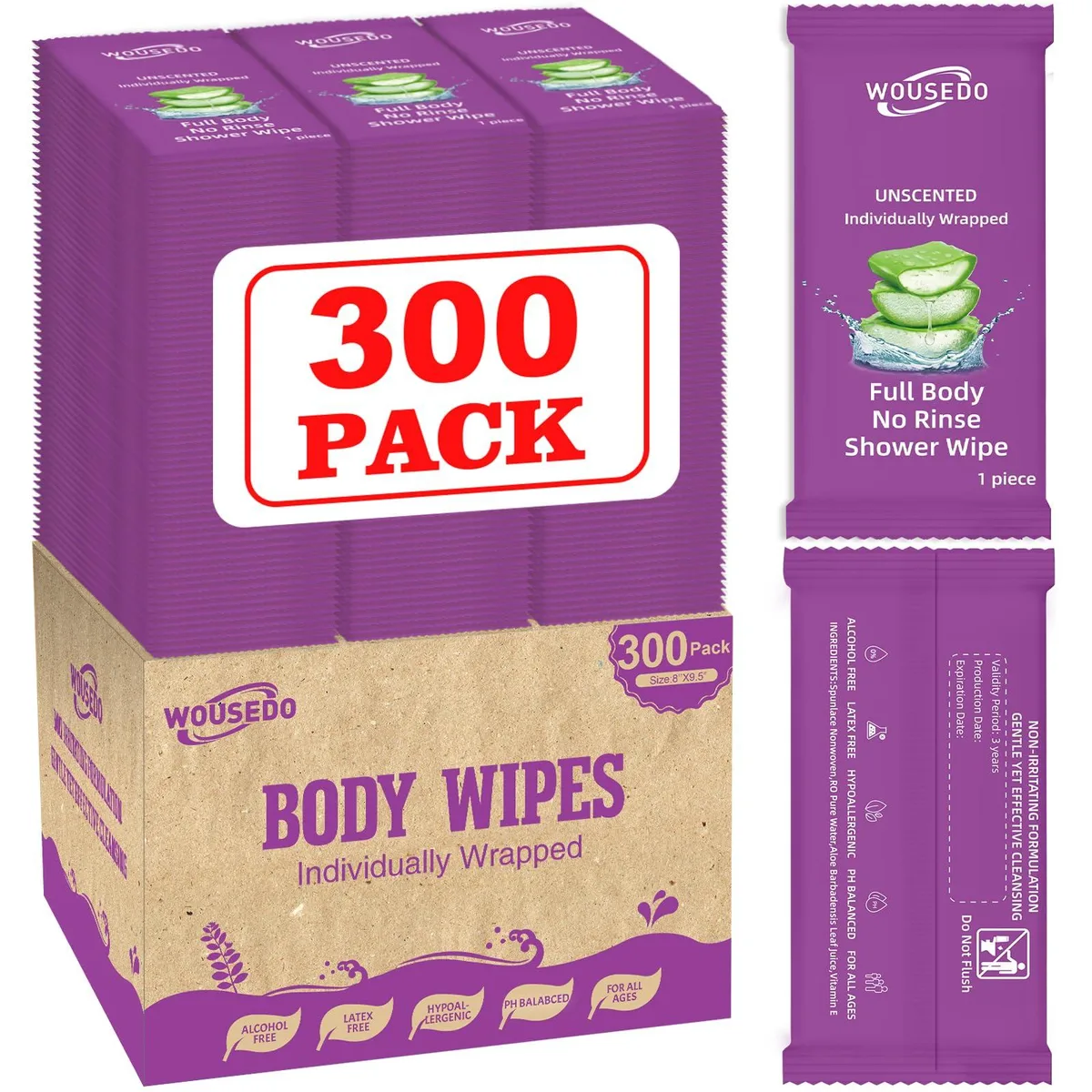Cardboard box holding 300 individually wrapped body wipes