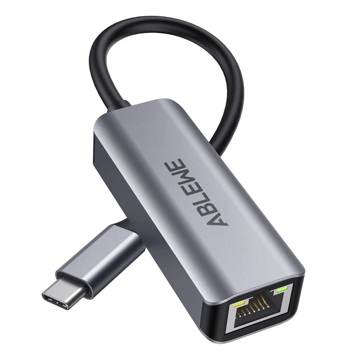 Grey aluminium USB-C to RJ45 Gigabit Ethernet adapter, compact rectangular form factor