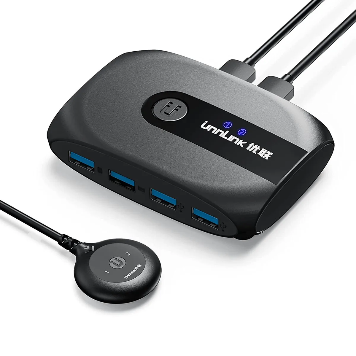 Compact black USB 3.0 KVM switch with front button and four ports