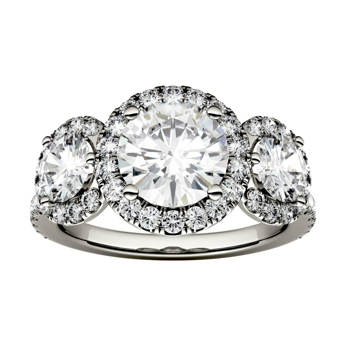 Charles & Colvard Charles & Colvard 14K White Gold Round Three-Stone Halo Moissanite Ring Size 6 3.09cttw DEW — product photo